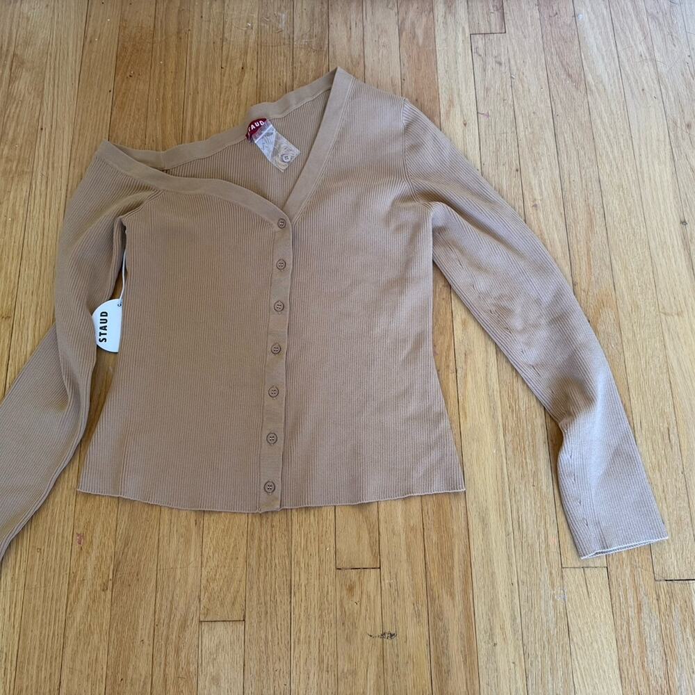 STAUD Craftsman sweater New Off Shoulder button up Tan Carmel Cardigan